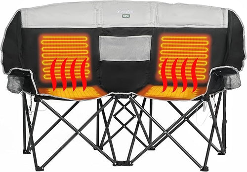 SUNNYFEEL Heated Double Camping Chair, Oversized Folding Loveseat Chair, Heavy Duty Portable/Foldable Lawn Chair for Beach/Outdoor/Travel/Picnic, Fold Up Camp Chairs for Adults 2 People