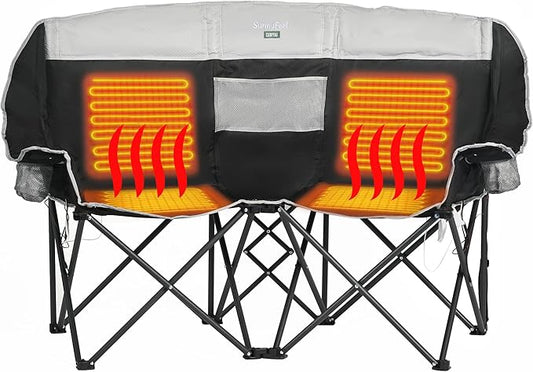 SUNNYFEEL Heated Double Camping Chair, Oversized Folding Loveseat Chair, Heavy Duty Portable/Foldable Lawn Chair for Beach/Outdoor/Travel/Picnic, Fold Up Camp Chairs for Adults 2 People