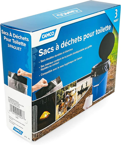 Camco Toilet Waste Bags - Durable Double Bag Design is Leak-Proof - Inner Bag Gels Any Liquid - Great for Camping, Hiking and Hunting and More - 3 Pack (41547)