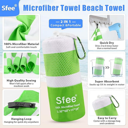 Sfee 2 in 1 Microfiber Oversized Beach Towel, Quick Dry Towel Travel Towel Camping Towel Super Absorbent Compact Lightweight Sports Towel Gym Towel for Beach,Gym, Hiking, Pool, Backpacking, Bath, Yoga