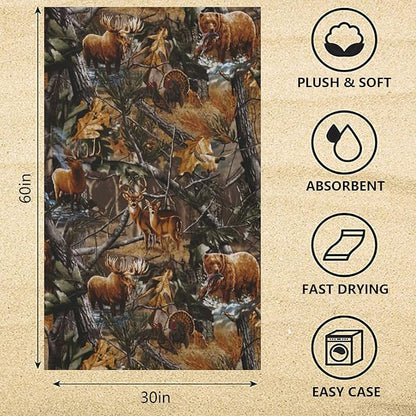 Camo Beach Towel Hunting Deer Bear, Aldult Quick Dry Camping Bath Towel, Absorbent Thin Lightweight Beach Blanket for Sports Travel Pool Swimming Bathroom 30 x 60 in