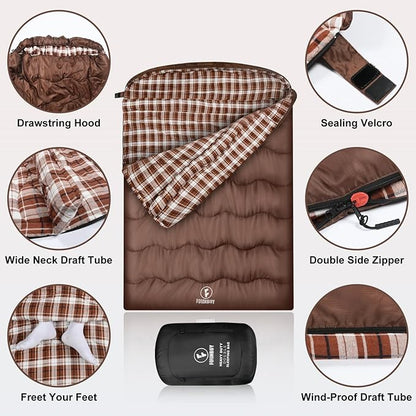 0 Degree Flannel Double Sleeping Bag for Adults, Couples or Family - Winter Queen Size Waterproof & Warm 2-Person Sleeping Bag for Cold Weather Camping, RV Travel
