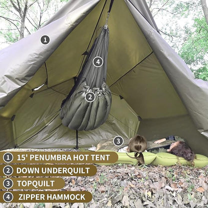 Onewind Penumbra Hot Tent, 14ft Camping Hammock Tarp for 4-Season, Waterpoof and Flame Retardant Hammock Rain Fly with Stove Jack for Winter, Outdoor Camping, OD Green