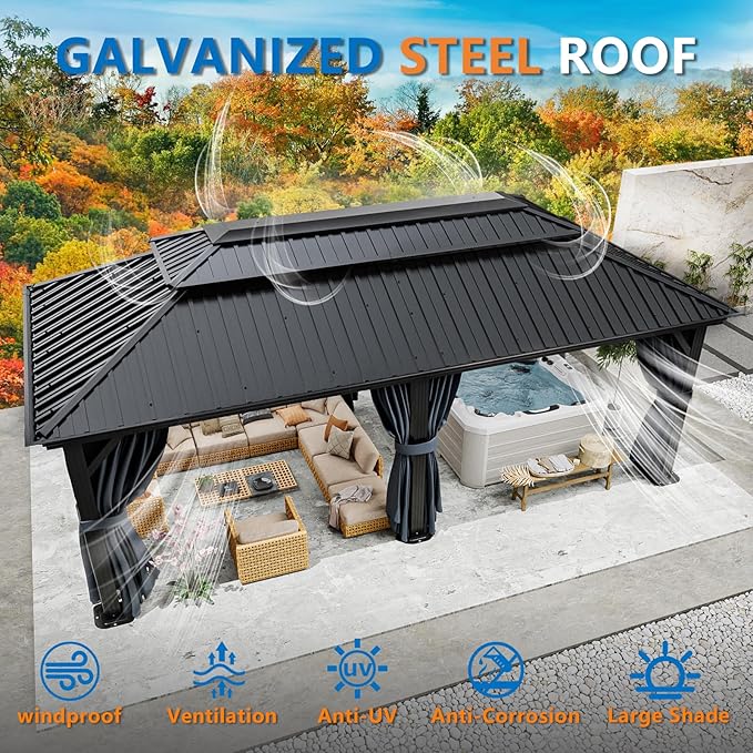 HOTEEL 12x20 Hardtop Gazebo with Metal Roof & Drainage System, Heavy Duty Galvanized Steel Gazebo with Reinforced Aluminum Frame, Privacy Curtains and Netting, for All-Weather, Black (2025 Upgraded)