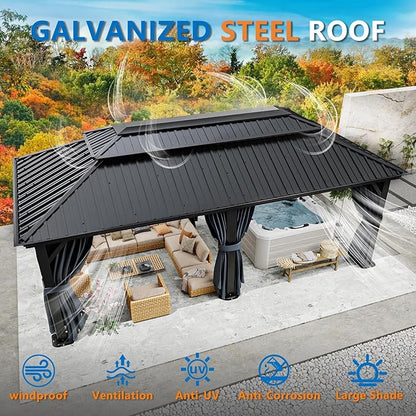 HOTEEL 12x20 Hardtop Gazebo with Metal Roof & Drainage System, Heavy Duty Galvanized Steel Gazebo with Reinforced Aluminum Frame, Privacy Curtains and Netting, for All-Weather, Black (2025 Upgraded)