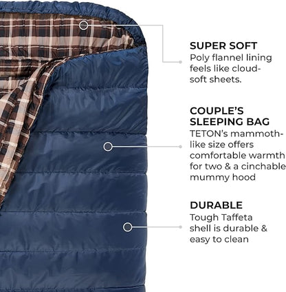 Teton Mammoth Queen Size Double Sleeping Bag- A Warm Bag The Whole Family can Enjoy – Great for Camping, Hunting and Base Camp. Compression Sack Included