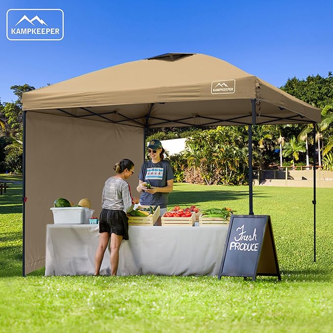 KAMPKEEPER 10x10 Pop Up Canopy Tent with 2 Sidewalls - Waterproof Outdoor Shelter for Sun Shade, Camping, Beach, Patio and Backyard Events, Khaki