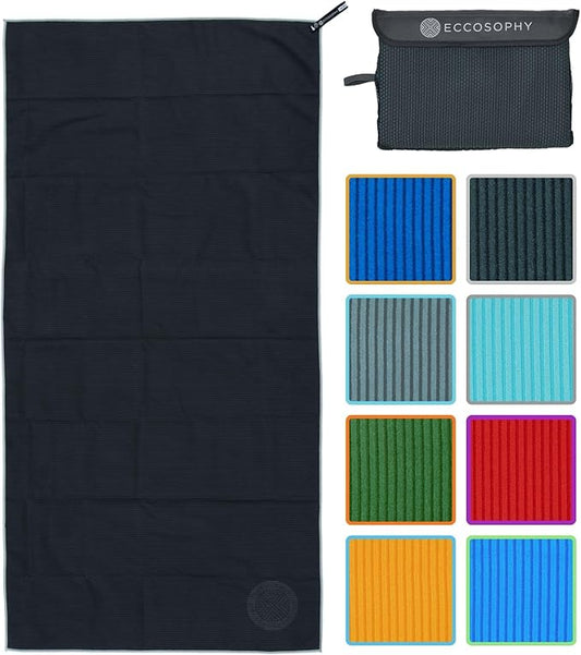 ECCOSOPHY Microfiber Gym Towel for Working Out - Quick Dry Towels with Highly Absorbent Ribbed Texture for Sweat During Workout Yoga Sports & Camping - Ideal for Fitness & Exercise (60x30-Black)