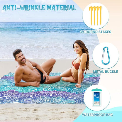 Beach Blanket Waterproof Sandproof 1-7 Adult Oversized 78 '' × 81 '' Lightweight Durable Compact Sand Free Beach Mat for Travel Camping Hiking Picnic Blanket Extra Large