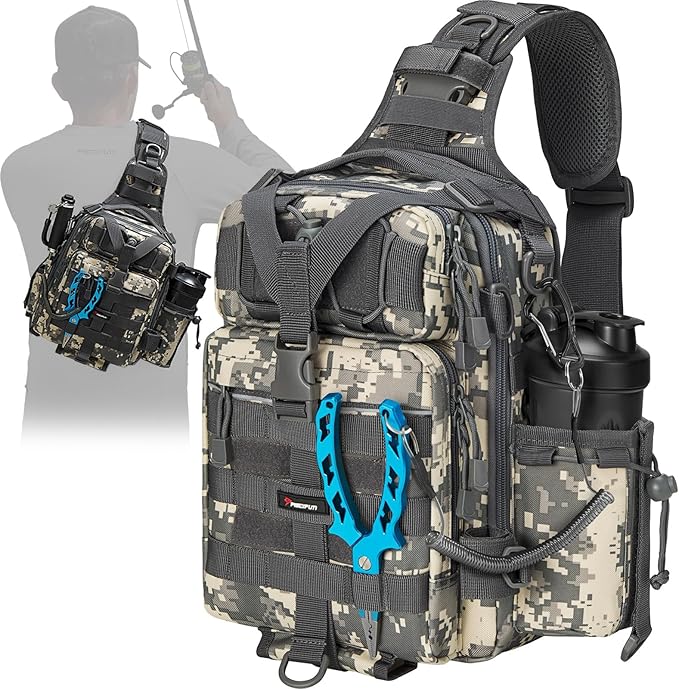 Piscifun Tackle Bag With Rod & Gear Holder - Lightweight Sling Storage Bag, Outdoor Shoulder Pack for Fishing, Hiking, Hunting