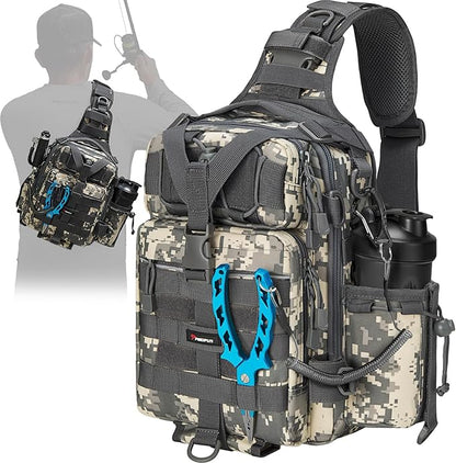 Piscifun Tackle Bag With Rod & Gear Holder - Lightweight Sling Storage Bag, Outdoor Shoulder Pack for Fishing, Hiking, Hunting