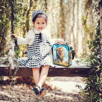 Animal Lunch Box for Kids, Watercolor Lion Grassland Lunch Bag for Boys Girls, Reusable Insulated Waterproof Lunch Box with Adjustable Shoulder Strap Thermal Cooler Tote Bag for School Daycare Picnic