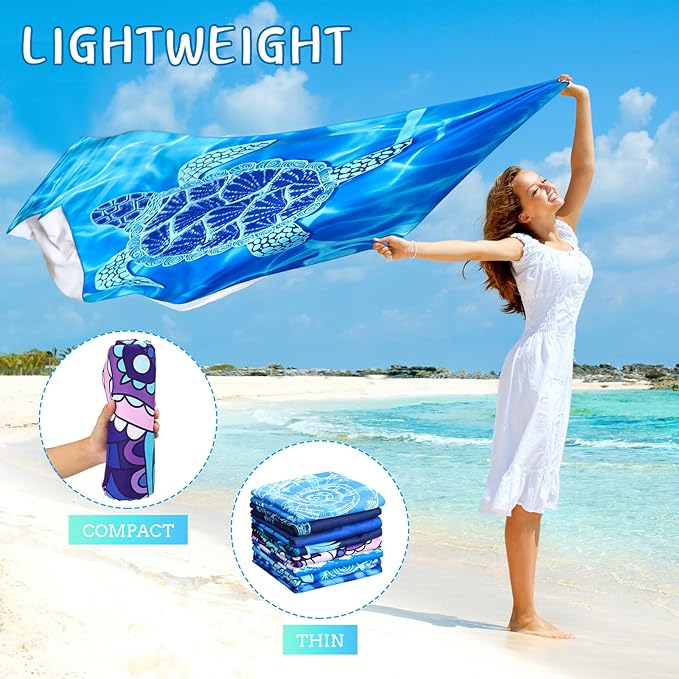 Buryeah 8 Pack Oversized Microfiber Beach Towels Bulk 71 x 35 Inch Pool Towels Absorbent Quick Dry Sand Free for Adults Kids Travel Swimming Camping Yoga Gym Beach Vacation Gift, Blue Ocean Style