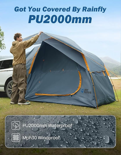JOYTUTUS SUV Tent for Camping with Rainfly, Double Door Design Car Tent with Aluminum Poles, SUV Tailgate Tent with Waterproof PU2000mm Double Layer for 4-8 Person, Orange