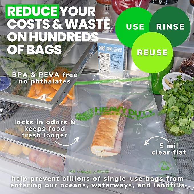 Smelly Proof REUSABLE STORAGE BAGS, Extra Large HEAVY DUTY 5-mils US-Made, BPA FREE, NO PEVA, Dishwasher-Safe Ziplock Reusable Freezer Bags Triple Zip CLEAR FLAT XXL 2-Gallon 12" x 16" - 5pk