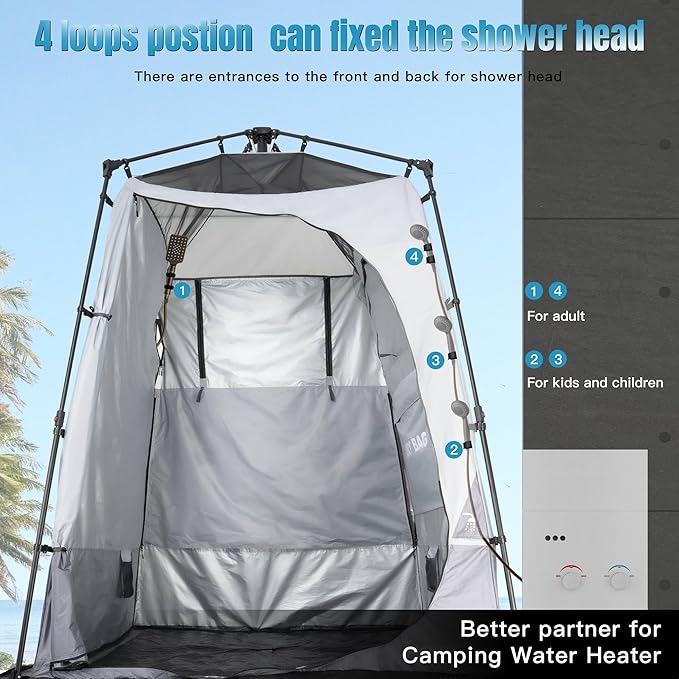 Portable Camping Shower Tent Deluxe Changing Room with Shower Bag Easy Set Up Privacy Shelter,Large Toilet Tent with Floor Drain Design for Beach,Camping,Hiking with Stakes and Ropes for Stability