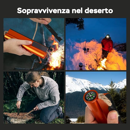 Flint and Steel Fire Starter Kit 7-in-1 XXL XL Ferro Rod Fire Steel Bushcraft Equipment, Portable Survival Magnesium Kit with 36" Waterproof Wick Rope,Multi Tool Scraper, Compass for Camping Hiking
