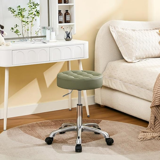 Swivel Rolling Stool Adjustable Height 20"-27" (Sturdy Aluminum Base) (Quiet Wheels) Salon Stools for Hair Stylist (Green)