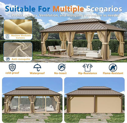 HOTEEL 12x20 Hardtop Gazebo with Metal Roof, Heavy Duty Galvanized Steel Gazebo, Reinforced Square Column, Flame-Resistant Curtains and Netting, Suitable for All-Weather,Brown(Pro)