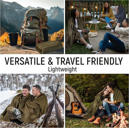 JMR Wool Camping Blanket - Warm Heavy Car Blanket & Camp Quilt - Survival Emergency Blanket for Sleeping Outdoors - Multi-Use Wool Blanket for Camping, Car & Home - 80% Wool, Olive Green, 66X90