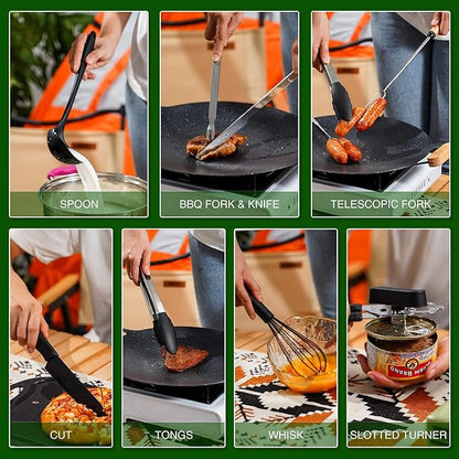Camping Essentials Cookware Cooking Utensils Set - Portable Camp Kitchen Mess Kit Outdoor Accessories, Stainless Steel & Silicone, Camping Gear Equipment for RV Picnic Grill