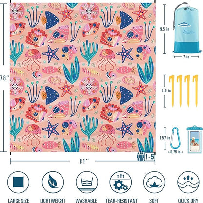 Beach Blanket Sandproof Waterproof 78''×81''1-5Adults Oversized,Compact Lightweight Durable Beach Mat for Travel Camping Hiking Picnic Blanket