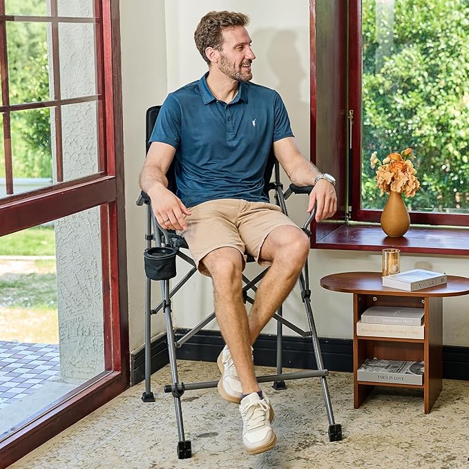 EVER ADVANCED Tall Directors Chair with Cup Holder 31", Bar Height Folding Chair for Camping, Sports with Carry Bag, Mesh Pockets and Footrest, Heavy Duty 300 lbs, Black