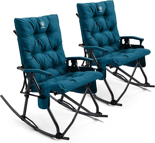 EVER ADVANCED Oversized Folding Rocking Camping Chair Set of 2, Padded Portable Rocker Chair for Patio, Lawn and Outdoors, Heavy Duty Hard Armchair for Adults Supports 400lbs, Green