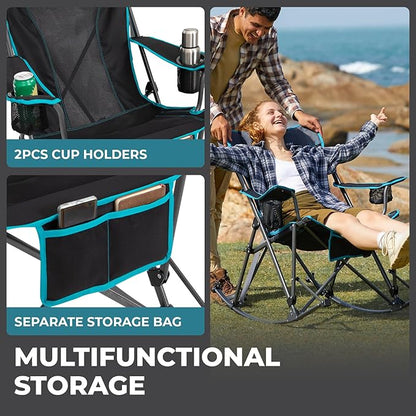 FUNDANGO Rocking Camping Chair, 2 Pack High Mesh Back Portable Folding Camp Chairs with Pillows, Cup Holder and Carry Bag for Lawn Patio Garden Outdoor Supports 300 Lbs (Black/Blue)