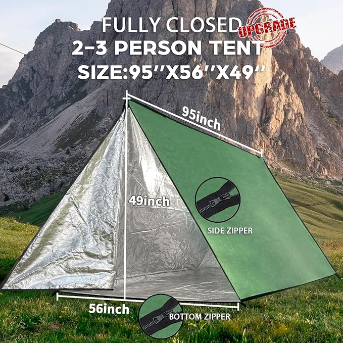 LYN Extra Large Zipper Reusable Survival Emergency Shelter Tent,Thermal Waterproof Fireproof Lightweight Bugout, with Paracord✚Stake for Camping,First Aid,Hiking&Bushcraft