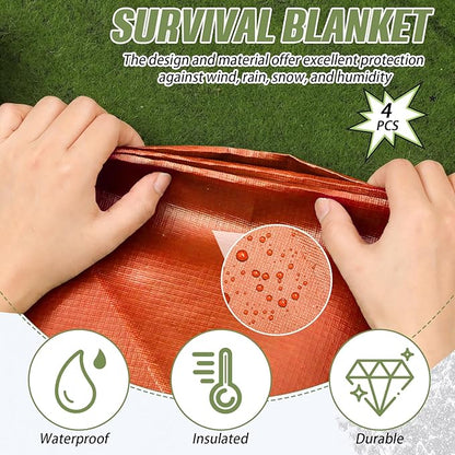 Kanayu 4 Pcs Emergency Blankets Thermal Survival Blankets 82 x 60 Inch, Heavy Duty Emergency Poncho Tarp Reusable Waterproof Emergency Blanket for Car, Camping, Hiking(Olive Green, Orange)