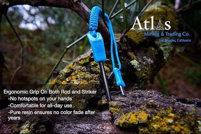 Compact Fire Starter Kit 2.5" Ferro Rod with Steel Striker, Unique Blue, 6ft of Paracord, for Survival, Hiking, Camping & Bushcrafting Tools by Atlas