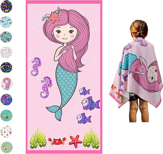 Microfiber Beach Towel for Kids - Thin and Large (30"x60") - Mermaid - Absorbent, quick dry, sand free, lightweight towels blanket - toddler, girls - For Sports, Pool, Picnic, Camping, Travel, Swim