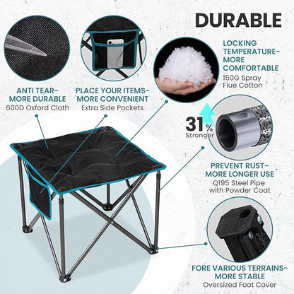 FUNDANGO Folding Camping Stool, 18.1 Inch Oversized Foot Stools 400 Lbs Heavy Duty Portable Padded Seat Anti-Slip Foots & Carry Bag for Fishing Outdoor Lawn Travel (Black)