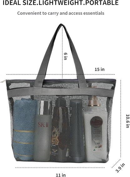 Portable Mesh Shower Caddy Tote Bag Hanging Toiletry Bag with Zipper for Travel, Bath, Gym, Beach, Camping, Swimming, Sunscreen, Dorm (Gray)