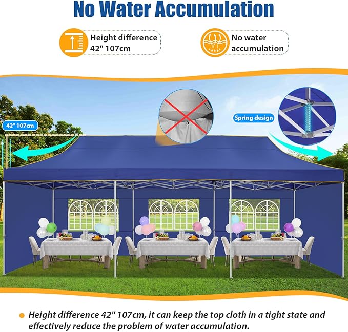 HOTEEL 10x30 Pop up Canopy Tent for Parties, Heavy Duty Easy Setup Tent with 5 Sidewalls, Outdoor Commercial Instant Gazebo for Wedding Event, with Roller Bag & Sand Bags, Dark Blue(Hexagonal Frame)