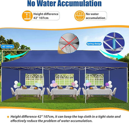 HOTEEL 10x30 Pop up Canopy Tent for Parties, Heavy Duty Easy Setup Tent with 5 Sidewalls, Outdoor Commercial Instant Gazebo for Wedding Event, with Roller Bag & Sand Bags, Dark Blue(Hexagonal Frame)