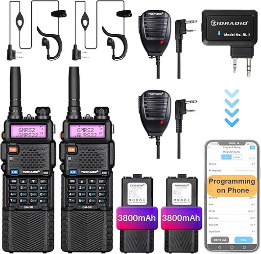 TIDRADIO GM-5R GMRS Radio, Two Way Radio GMRS Repeater Capable, with 3800mAh Battery,Wireless Programmer，Dual Band Scanning Receiver and NOAA Weather & Alarm (2 Pack)
