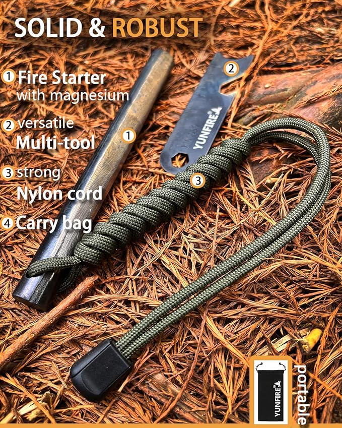 YUNFIRE Fire Starter-5" x 1/2" Thick Ferro Rod with Multi-Tool Striker & Type 550 Paracord, 25,000+ Strikes, Drilled Flint Fire Steel for Emergency Survival, Camping, Hiking