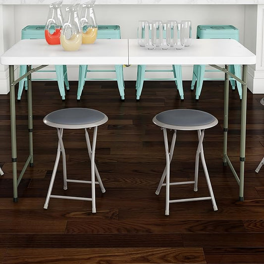 Round Folding Stool - Heavy-Duty 18-Inch Padded and Portable Stool with 300lbs Capacity for Dorm, Rec Room, or Game Room by Trademark Home (Gray)
