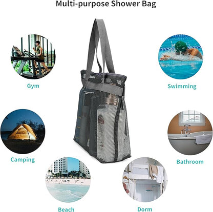 Portable Mesh Shower Caddy Tote Bag Hanging Toiletry Bag with Zipper for Travel, Bath, Gym, Beach, Camping, Swimming, Sunscreen, Dorm (Gray)