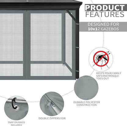 Gazebo Universal Replacement Mosquito Netting, 10' x 12' Outdoor Mesh Netting Screen 4-Panel Sidewall with Zipper for Patio Canopy Garden Porch Pergolas and Backyard, Gray(Mosquito Net Only)