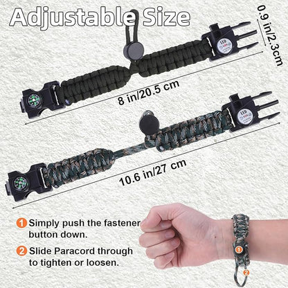 Adjustable Survival Paracord Bracelet, 2 Pack Emergency Fire Starter Kit with Loud Whistle Compass Light Flint Steel for Hiking Fishing Hunting, Tactical Gear Equipment Multitools