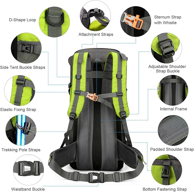 ShowyLive 70L Hiking Backpack - Lightweight Waterproof Travel Backpack for Men & Women, Foldable Daypack with Rain Cover for Camping & Outdoor (Fluorescent Green)