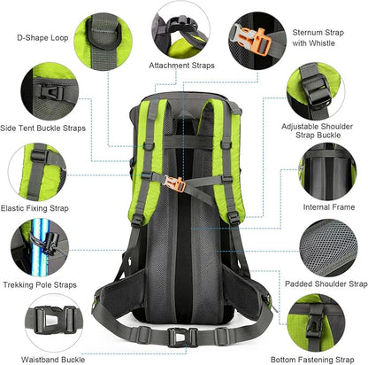 ShowyLive 70L Hiking Backpack - Lightweight Waterproof Travel Backpack for Men & Women, Foldable Daypack with Rain Cover for Camping & Outdoor (Fluorescent Green)