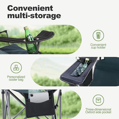 LET'S CAMP Oversized Folding Camping Chair Portable Outdoor Heavy Duty Padded Chairs Lawn Chair with Cup Holder, Storage Pocket and Cooler Bag, Supports 450LBS, for Camp, Travel, Picnic,2 Pack(Green)