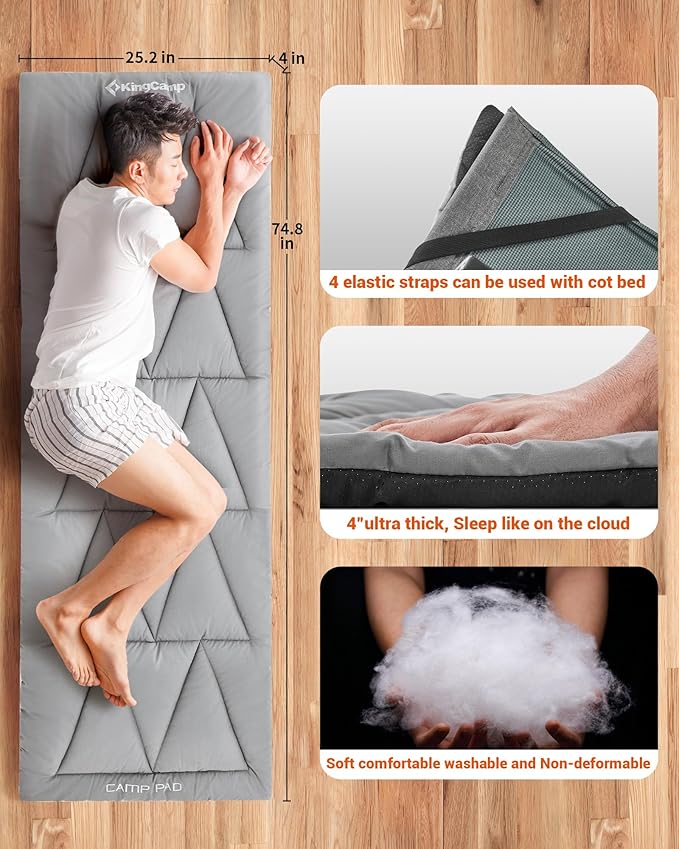 KingCamp Cot Pad Topper for Camping, Soft Warm Non-Slip Cot Mattress, Comfortable Lightweight Sleeping Mat for Outdoor & Indoor, Picnic, Hiking, Backpacking, Yoga