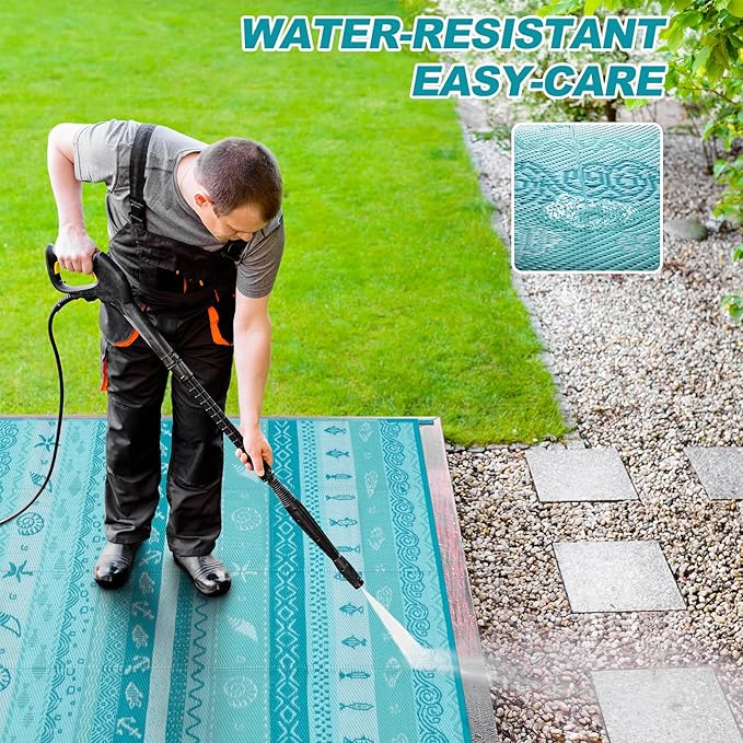 Lahome Outdoor Rug 8x10 Patio Waterproof, Reversible Outdoor Plastic Straw Rug for Camping, RV Patio Rugs Outside Large Carpet for Porch Deck Backyard Picnic(Blue/Multi,8'x 10')