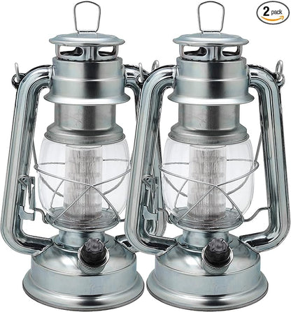 YAKii LED Vintage Metal Hanging Hurricane Lantern - 12 LED Dimmer Switch Cold White Battery Operated for Power Outage Indoor Camping Lighting Outdoor Brooklyn (Silver 2 Pack)