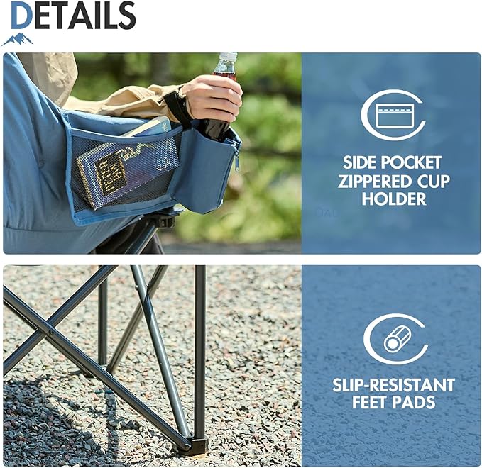 Portal Oversized Padded Camping Chair - Heavy Duty Folding Chair with Cup Holder & Side Pocket, Supports 330 lbs, for Camping, Lawn, Sports, Blue